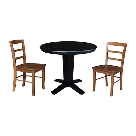 International Concepts 36 in. Solid Wood Round Extension Dining Table with 2 Chairs in Black/Distressed Oak K46-36RXT-23-C42-2-2